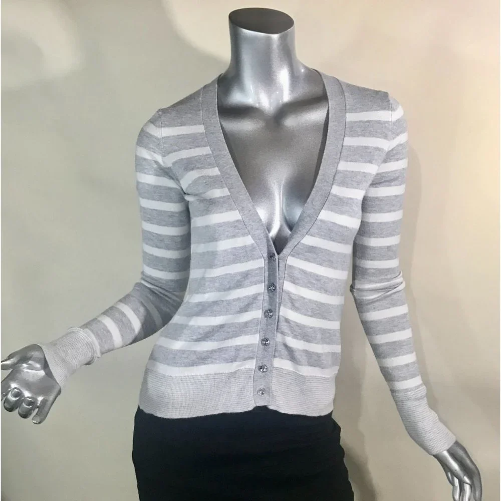 Express Women's XS Grey White Striped V Neck Cardigan Sweater Thin Knit Rhinesto